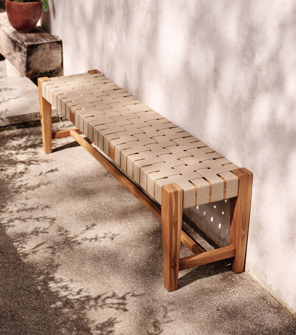 Sealed Teak / 2" Beige Straps / 59" | Seats 3