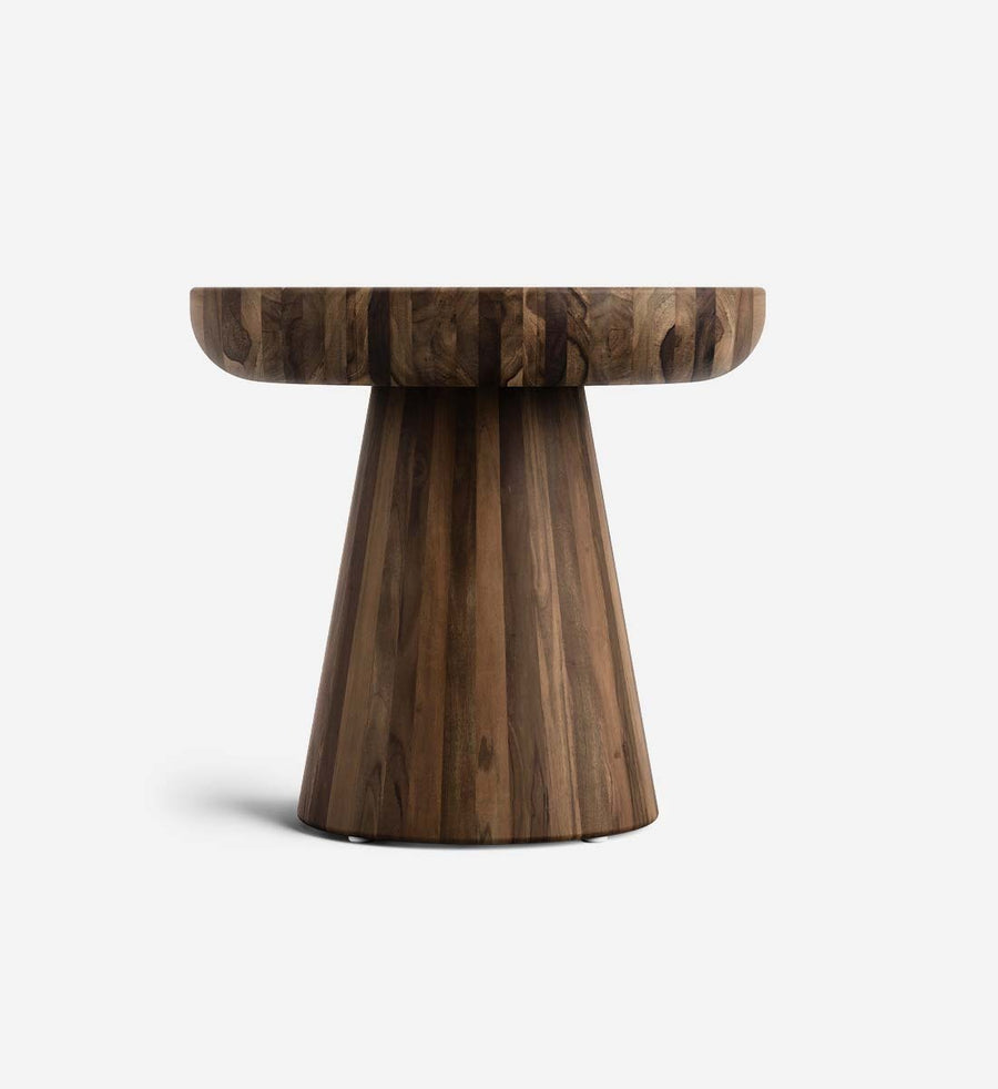 Wooden side table with a round top and cylindrical base on a white background