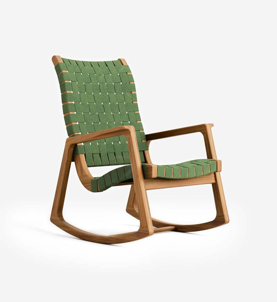 A mid-century modern rocking chair with a natural wood frame and green woven sling seat and back, shown on a clean white background.