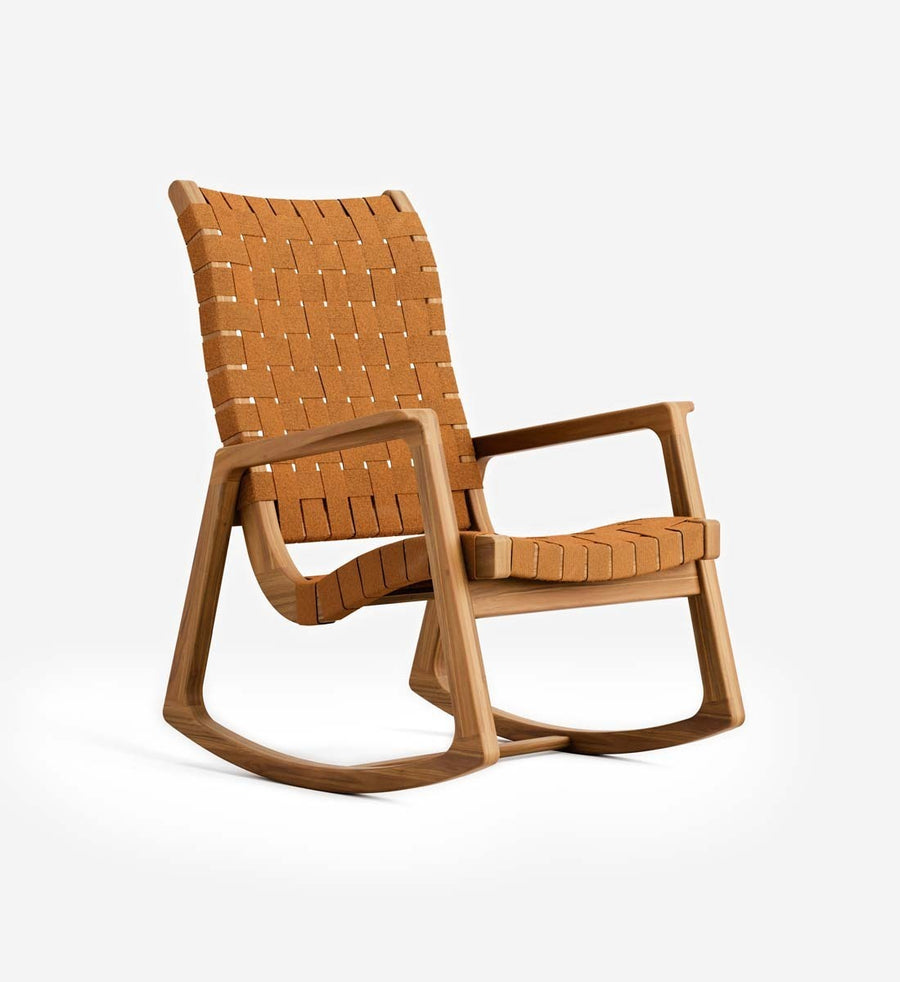 A mid-century modern wooden rocking chair with a woven tan leather sling seat and back, shown on a clean white background.