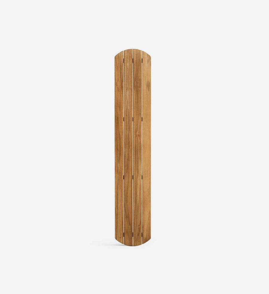 A tall, narrow wooden cabinet or storage unit with a natural wood finish and vertical slat design, shown against a plain light gray background.